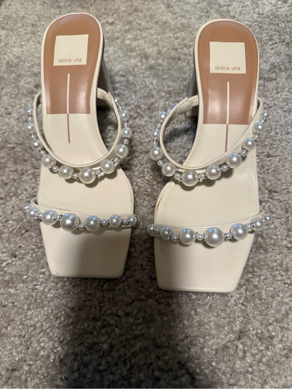 Dolce Vita Pearl-Trim Cream Block Heel Sandals